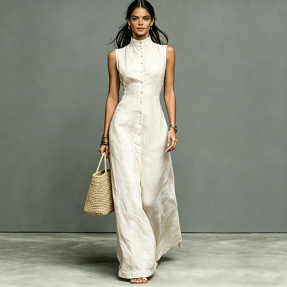 Women's Stand-Collar Single-Breasted Sleeveless Midi Dress