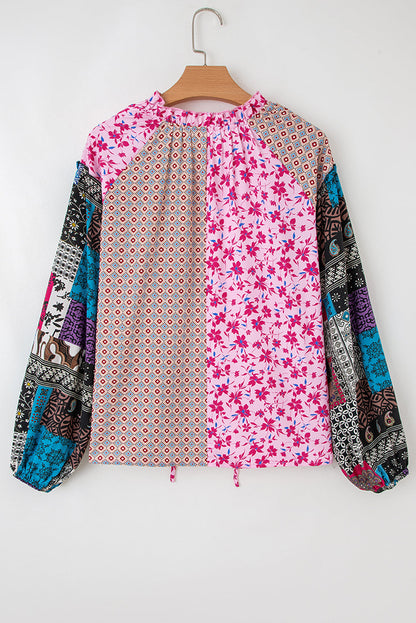 Pink Boho Mixed Floral Drop Shoulder Bubble Sleeve Blouse