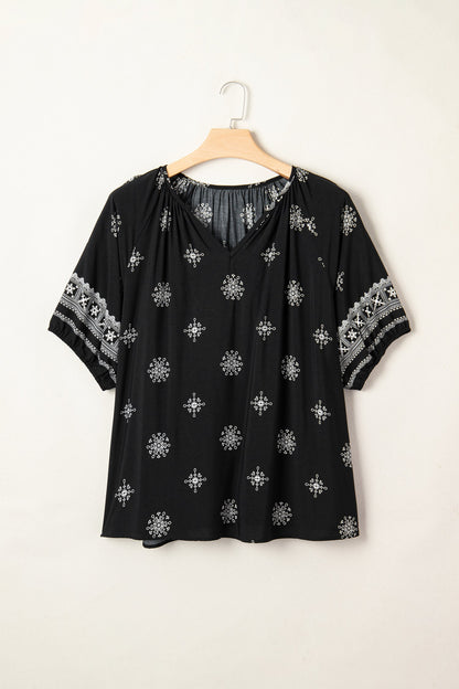 Yellow Boho Chic Notched V Neck Plus Floral Short Sleeve Top