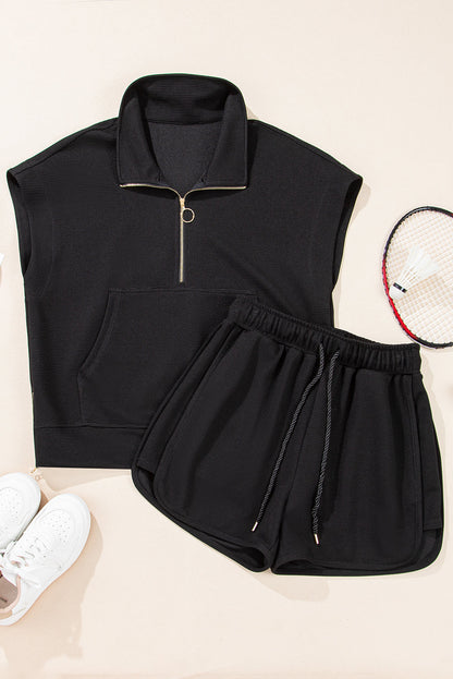 Parchment Textured Half Zip Kangaroo Pocket Top Drawstring Shorts Set