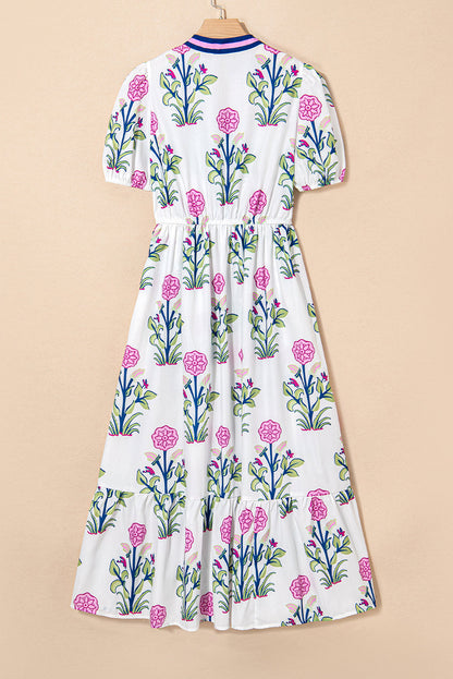 White Floral Puff Short Sleeve V Neck High Waist Maxi Dress