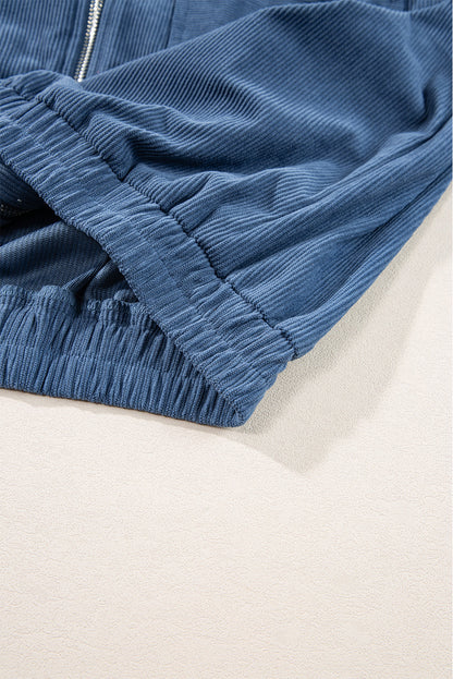 Solid Corduroy Zip-Up Pocketed Hooded Jacket