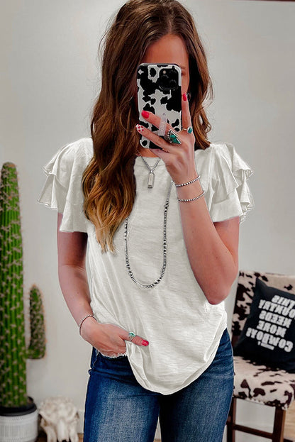 White Layered Ruffle Short Sleeve Round Neck Top