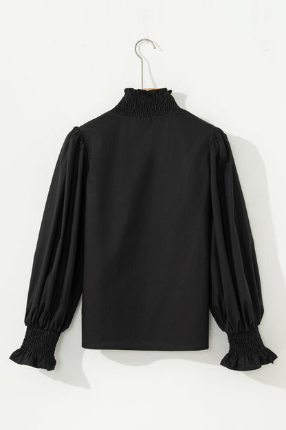 Black Puffy Flounce Sleeve Leopard Trim V Neck Blouse