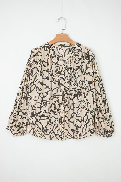 Blue Floral Print Batwing Sleeve Buttoned Loose Fit Shirt