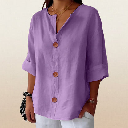 Women’s V-Neck Cotton Linen Buttoned Blouse