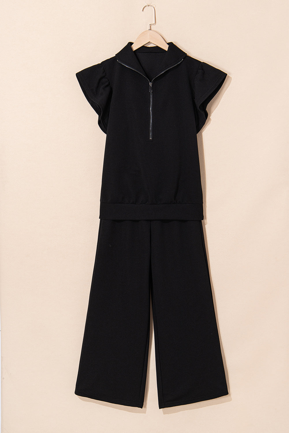 Pink Textured Ruffle Sleeve Zipped Top and Wide Leg Pants Set