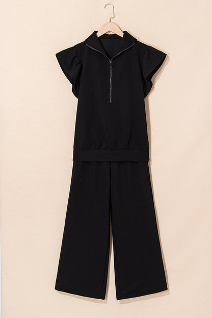 Pink Textured Ruffle Sleeve Zipped Top and Wide Leg Pants Set