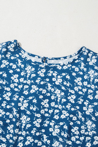 Blue Ditsy Floral Print Lantern Sleeve Blouse