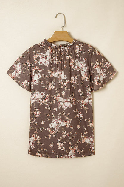 Khaki Retro Floral Print Tassel Tie Split Neck Short Sleeve Blouse