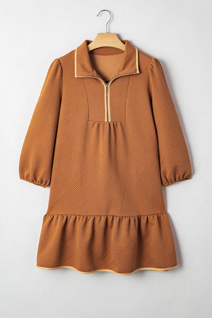 Jungle Green  Quarter Zip Collar Bracelet Sleeve Textured Mini Dress
