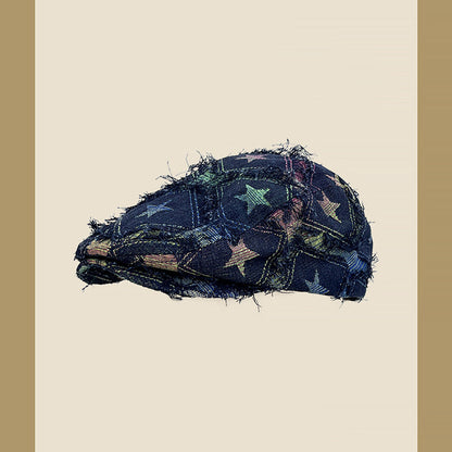 Colorful Plaid Star Distressed Beret — Korean Style Five-Pointed Hat