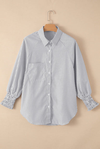 Blue Stripe Striped Casual Shirred Cuffs Shirt