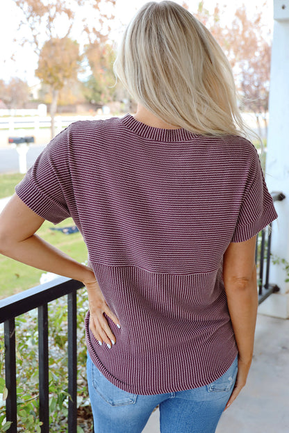 Bright Pink Plain Corded Knit Mock Neck T Shirt