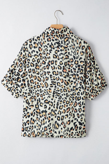 Leopard Colorblock Contrast V-Neck Short Sleeve Blouse