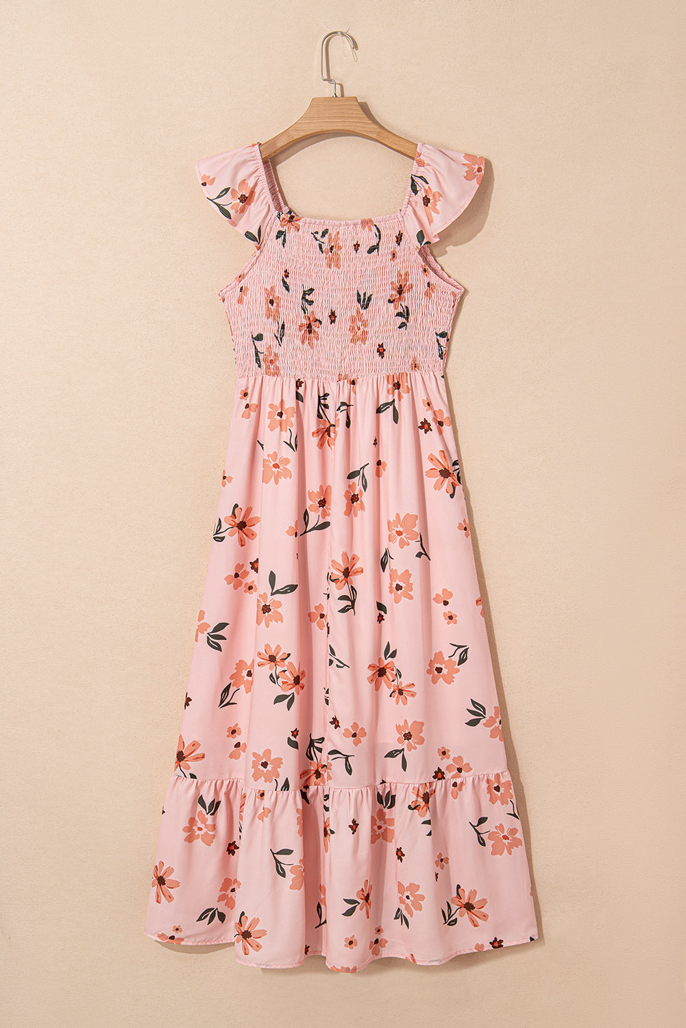 Pink Floral V Neck Smocked High Waist Ruffle Hem Long Dress