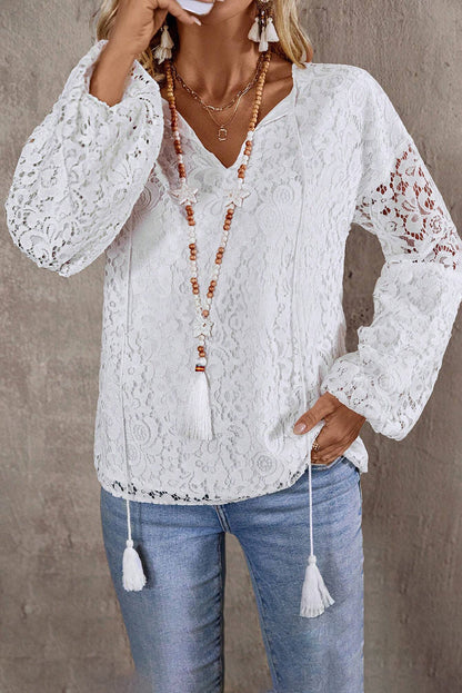 White Cutout Lace Elegant Tie V-neck Blouse