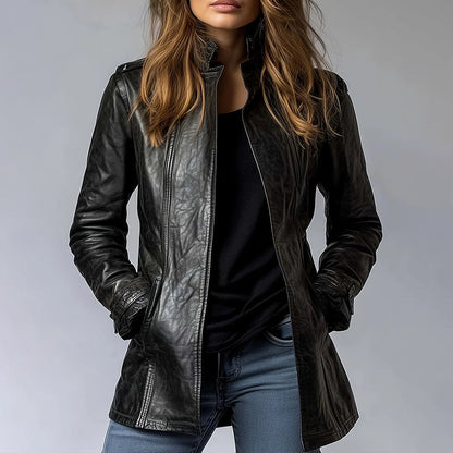 Vintage Style PU Jacket — Mid-Length Open Cardigan Leather Coat with Pockets
