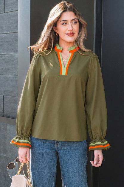 Stripe Trim Ruffle Split Neck Long Sleeve Blouse