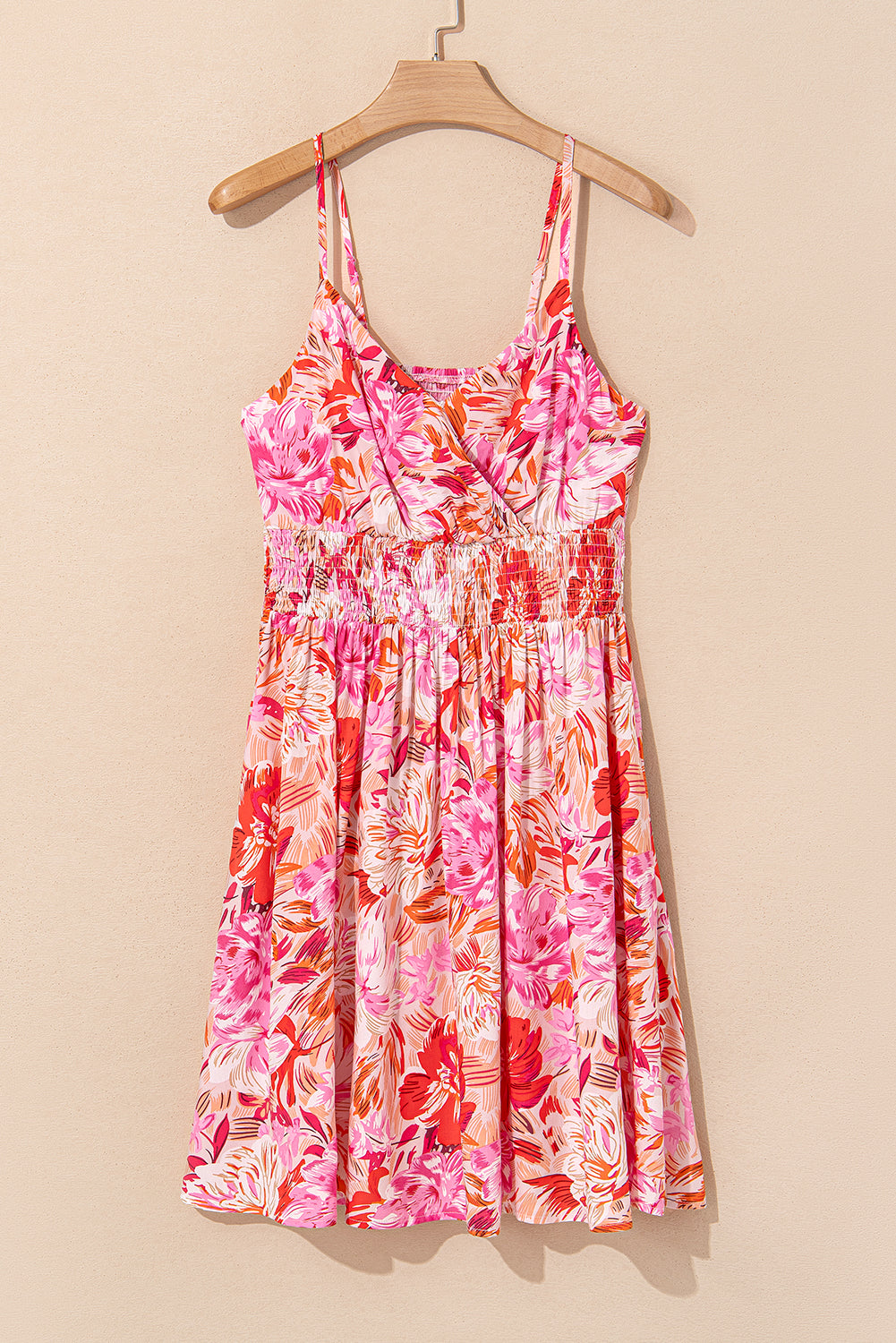 Red Floral Spaghetti Strap Surplice Neck Shirred Waist Mini Dress