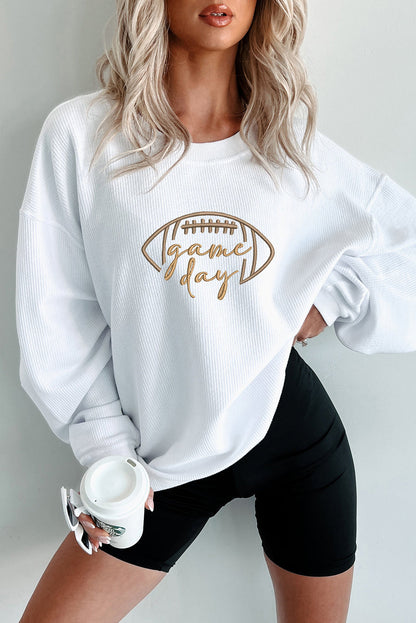 Black Football Graphic Game Day Embroidered Corded Sweatshirt