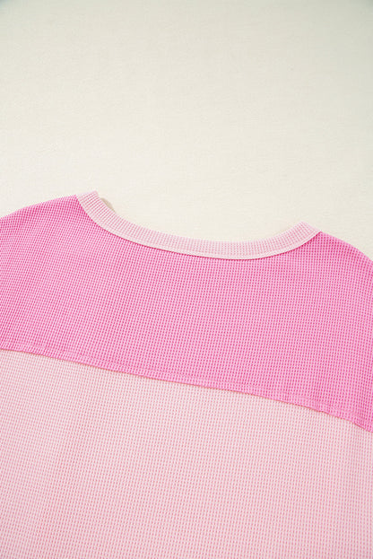 Pink Stripe Waffle Patchwork Loose T-Shirt