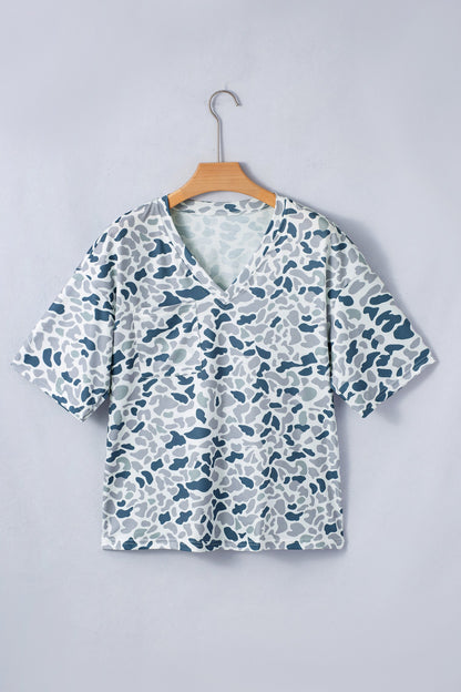 Gray Camouflage Print Single Chest Pocket V Neck Tee