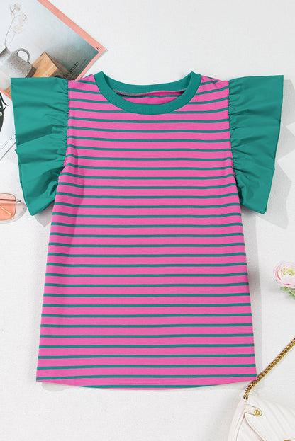Stripe Colorblock Ruffle Sleeve Crewneck Blouse