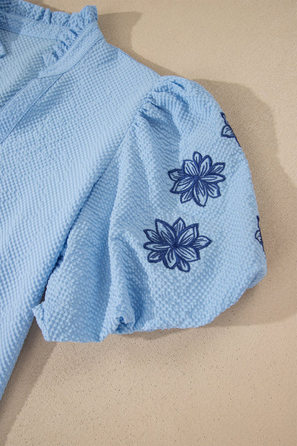 Flower Embroidered Puff Sleeve Split Neck Blouse
