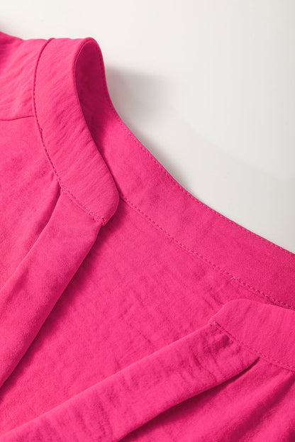 Straw Yellow Solid Shirred Cuff Notch V Neck Blouse