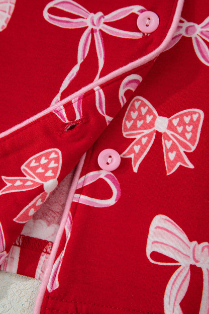 Red Sweet Bow Print Ruffled Short Sleeve Shirt Shorts 2pcs Pajama Set