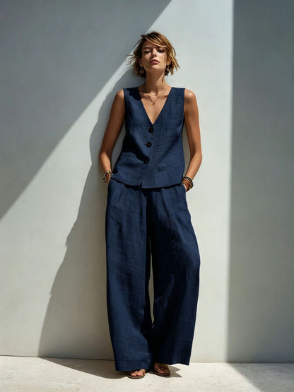 Linen Blend V-Neck Buttoned Vest & High-Waist Wide-Leg Pants Set – 5 Colors S–3XL