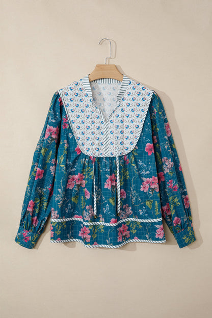 Floral Stripe Patchwork Long Puff Sleeve Blouse