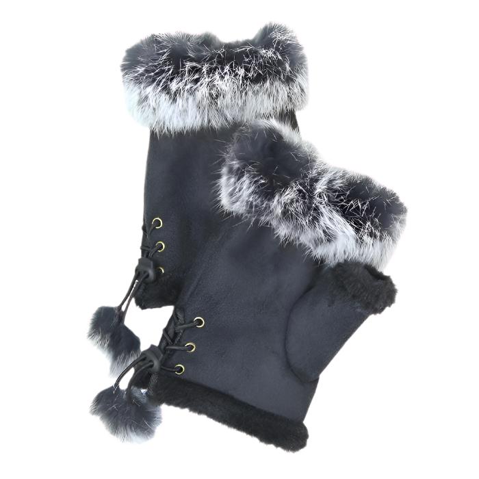 Fingerless Faux Fur Trim Faux Suede Gloves Drawstring