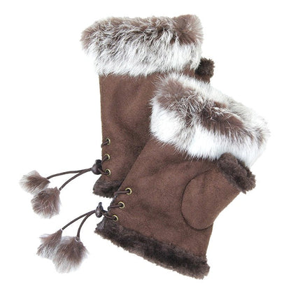 Fingerless Faux Fur Trim Faux Suede Gloves Drawstring