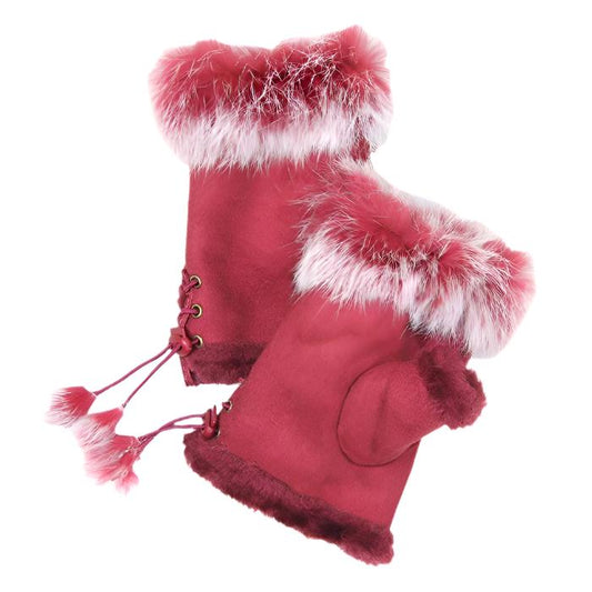 Fingerless Faux Fur Trim Faux Suede Gloves Drawstring