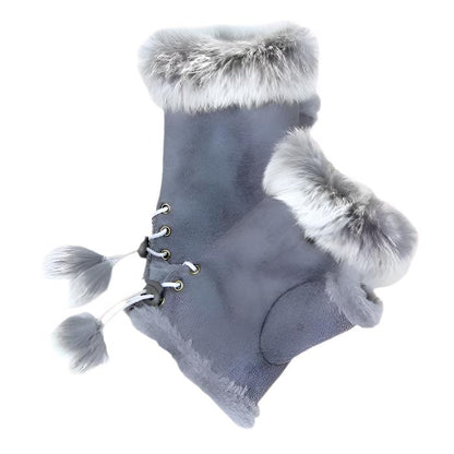 Fingerless Faux Fur Trim Faux Suede Gloves Drawstring