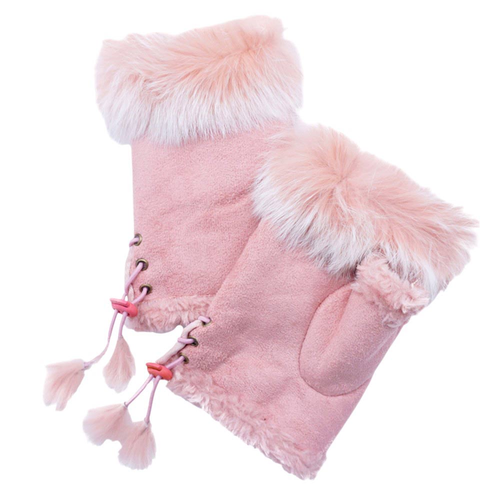 Fingerless Faux Fur Trim Faux Suede Gloves Drawstring
