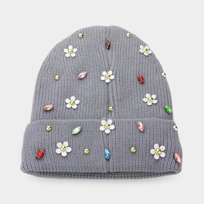 Fleece Lining Daisy Flower Stone Embellished Solid Knit Beanie Hat