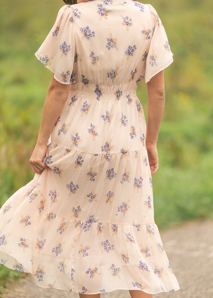 Gina Pink Floral Short Sleeve Tiered Midi Dress