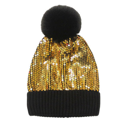 Glitzy Sequin Embellished Pom Pom Beanie Hat
