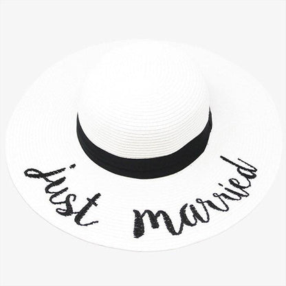Just Married Embroidery Straw Floppy Sun Hat Bride Beach Hat