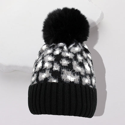 Leopard Pattern Pom Pom Beanie Hat