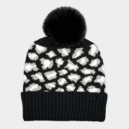 Leopard Patterned Faux Fur Pom Pom Ribbed Beanie Hat