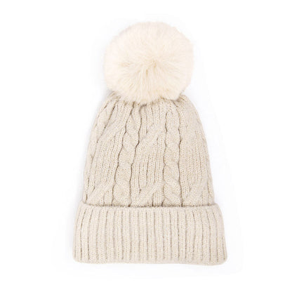 Lurex Accented Solid Cable Knitted Pom Pom Beanie Hat