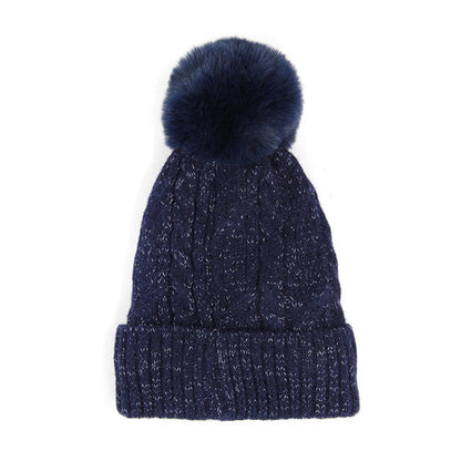 Lurex Accented Solid Cable Knitted Pom Pom Beanie Hat