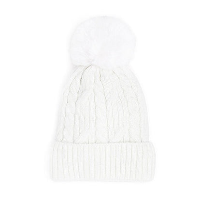 Lurex Accented Solid Cable Knitted Pom Pom Beanie Hat