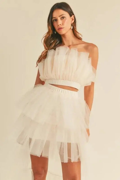 Women's Two-Piece Set Tulle Ruffle Set - Ruffled Two-Piece - Chic Party Outfit