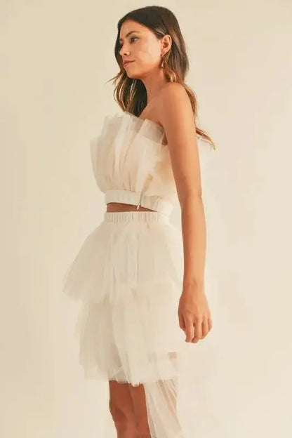 Women's Two-Piece Set Tulle Ruffle Set - Ruffled Two-Piece - Chic Party Outfit