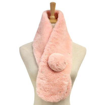 Pearl Embellished Faux Fur Pom Pom Pull Through Scarf